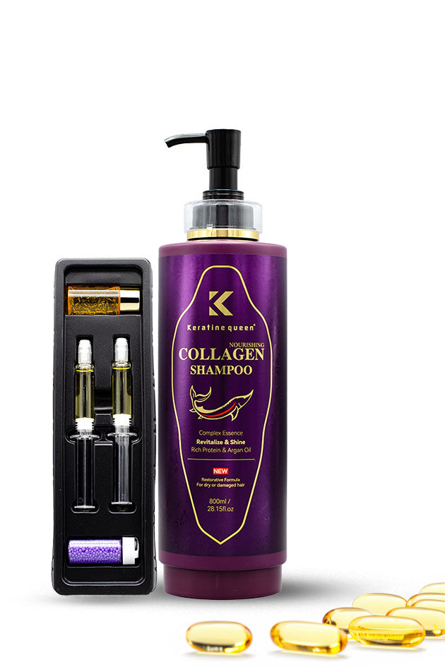 Keratine Queen Collagen Nourishing Shampoo Set with 800ml shampoo, 2 ampoules and serum.
A purple bottle of Keratine Queen Collagen Shampoo with a black pump, shown next to a black travel-style vial case containing two small vials and several gold-colored capsules on a white background.