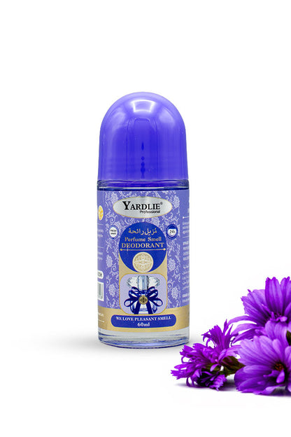 Yardlie Perfume Smell Fragrance Roll On Deodorant 60ml bottle for 24 hour freshness,
A Yardlie roll-on deodorant bottle with a purple cap and a blue/purple label, shown on a white background with purple flowers at the bottom right.