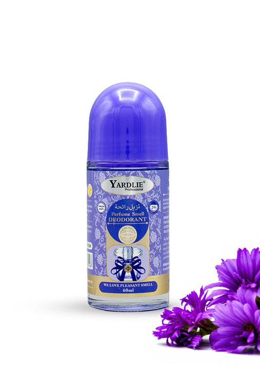 Yardlie Perfume Smell Fragrance Roll On Deodorant 60ml bottle for 24 hour freshness,
A Yardlie roll-on deodorant bottle with a purple cap and a blue/purple label, shown on a white background with purple flowers at the bottom right.