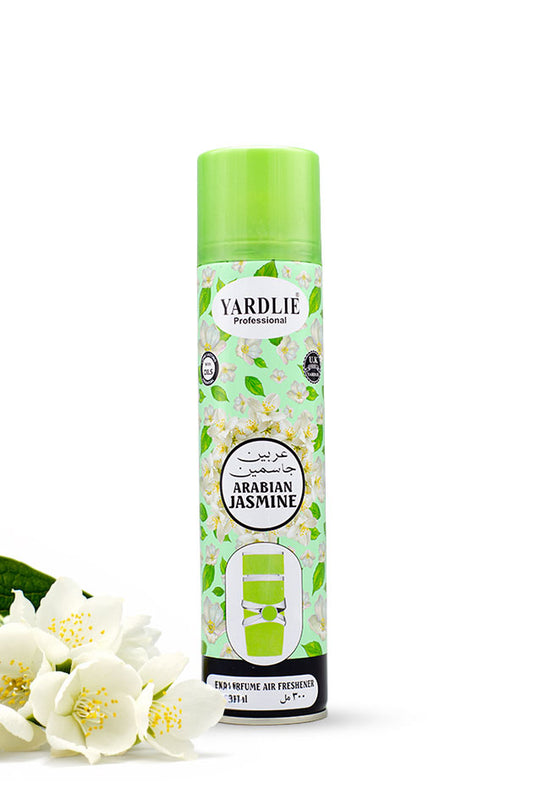 Yardlie Professional Arabian Jasmine Dry Perfume Air Freshener 300ml green can,
A can of Yardlié Professional Arabian Jasmine fresh air perfume with a bright green cap and a white label decorated with green leaves and light pink blossoms, shown on a white background with white jasmine flowers at the bottom left.