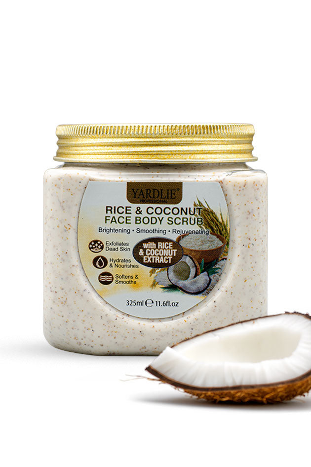 Yardlie Professional Rice and Coconut Face and Body Scrub 325ml jar with rice and coconut extract