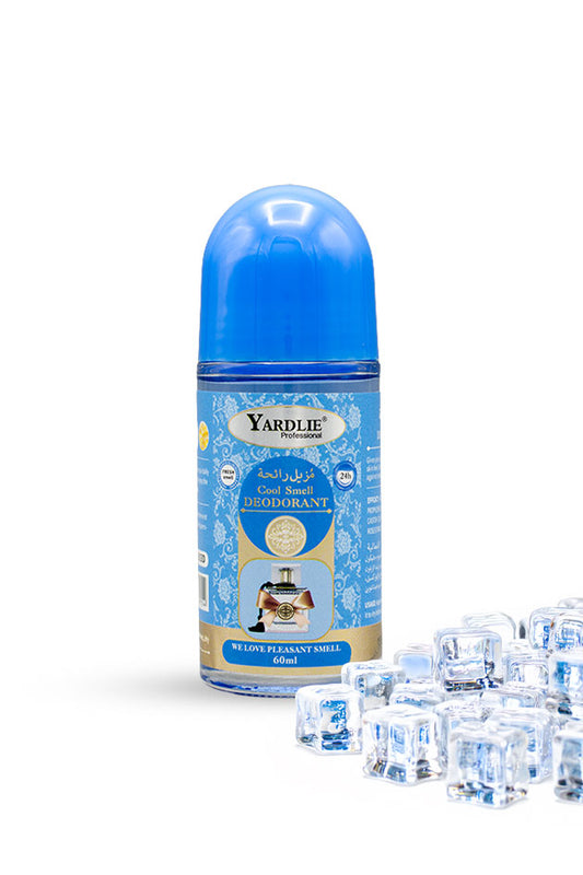 Yardlie Cool Smell Fragrance Roll On Deodorant 60ml bottle for 24 hour freshness,
A Yardlie roll-on deodorant bottle with a blue cap and blue label, shown on a white background with ice cubes at the bottom right.
