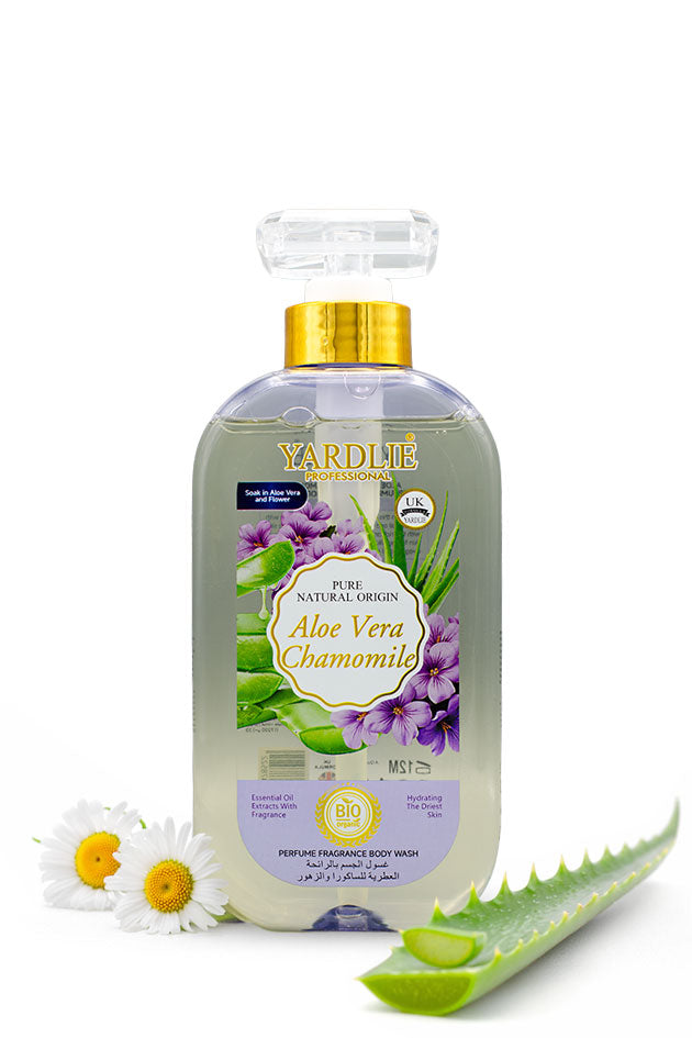Yardlie Aloe Vera Chamomile Perfume Fragrance Body Wash 500ml bottle for soft, soothed skin.
A bottle of Yardlie Natural Aloe Vera Chamomile body wash, featuring a clear bottle with a gold cap, set against a white background with decorative aloe vera slices and chamomile flowers.
