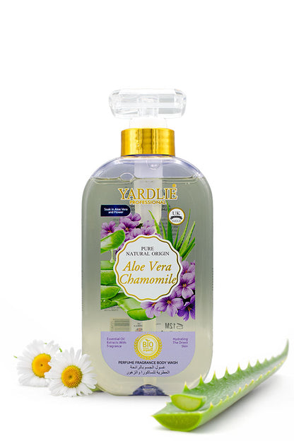 Yardlie Aloe Vera Chamomile Perfume Fragrance Body Wash 500ml bottle for soft, soothed skin.
A bottle of Yardlie Natural Aloe Vera Chamomile body wash, featuring a clear bottle with a gold cap, set against a white background with decorative aloe vera slices and chamomile flowers.