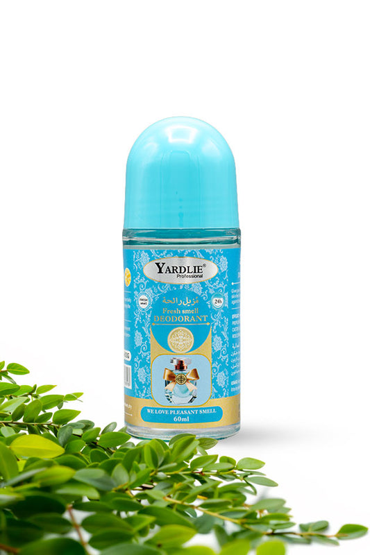 Yardlie Fresh Smell Fragrance Roll On Deodorant 60ml bottle for 24 hour freshness,
A Yardlie French Lavender Deodorant roll-on bottle with a light blue cap and blue label, styled with green leaves in the foreground on a white background.