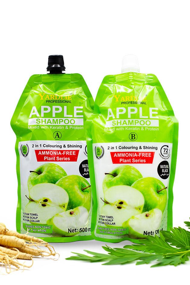 Yardlie Apple Hair Color Shampoo Natural Black ammonia free 500ml pack,
Two green Yarden Professional Apple Shampoo squeeze pouches shown on a white background, with apple slices printed on the labels and a few loose apple cores and greenery at the bottom.