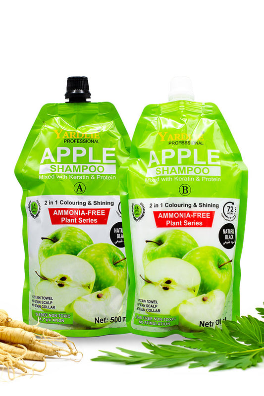 Yardlie Apple Hair Color Shampoo Natural Black ammonia free 500ml pack,
Two green Yarden Professional Apple Shampoo squeeze pouches shown on a white background, with apple slices printed on the labels and a few loose apple cores and greenery at the bottom.