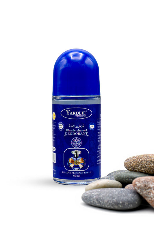 Yardlie Blue Fresh Fragrance Roll On Deodorant 60ml bottle for 24 hour freshness,
A bottle of Yardlie Blue Deodorant roll-on with a bright blue cap and blue label, shown on a white background with smooth stones at the base.