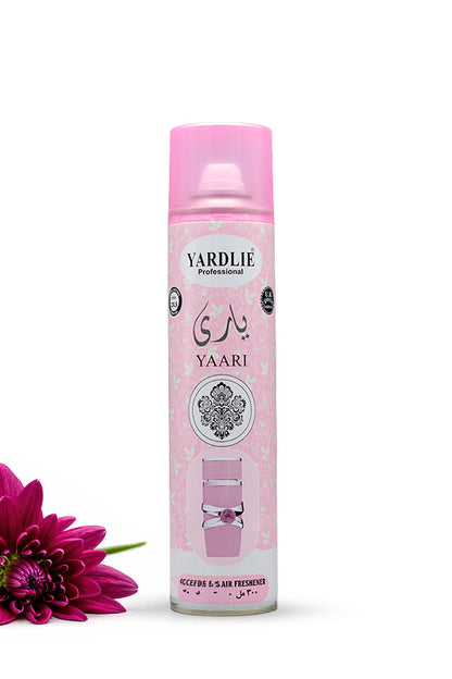 Yardlie Professional Yaari Dry Perfume Air Freshener 300ml pink can,
A can of Yardliye Yaari Glycerin & S-Allergy Freshener, featuring a pink cap and a light pink label with white text, shown next to a pink flower on a white background.