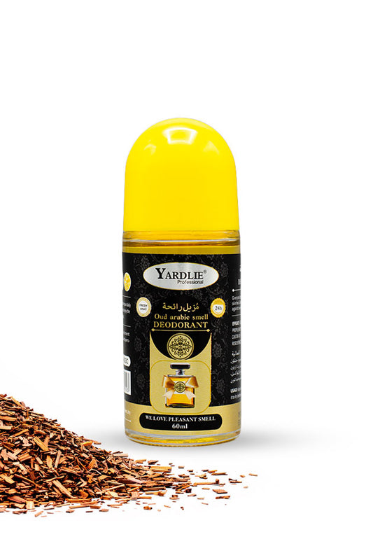 Yardlie Oud Arabic Fragrance Roll On Deodorant 60ml bottle for 24 hour freshness,
A bottle of Yardlie Deodorant roll-on with a bright yellow cap and black label, shown on a white background with a pile of brown tea leaves at the base.