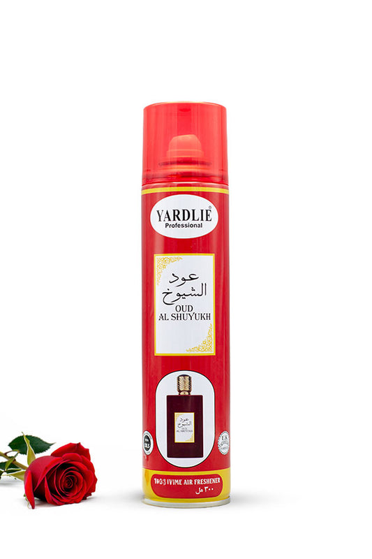 Yardlie Professional Oud Al Shuyukh Dry Perfume Air Freshener 300ml red can,
A red aerosol can of Yardlie Professional Oud Al-Shuyouh moistening air freshener, shown on a white background with a red rose at the bottom left.