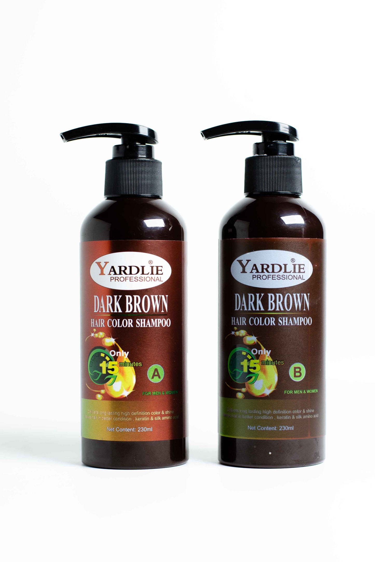 Yardlie Professional Dark Brown Hair Color Shampoo 230ml bottles without box, Two bottles of Yardlie Dark Brown hair color shampoo on a white background