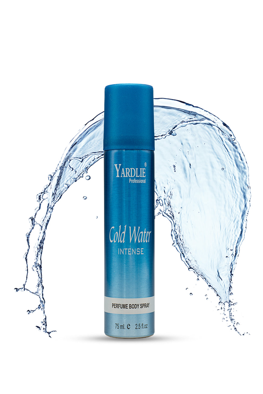 Yardlie Cold Water Intense perfume body spray 75ml for men blue can, Blue Yardley Cold Water Intense perfume bottle with water splash on a white background