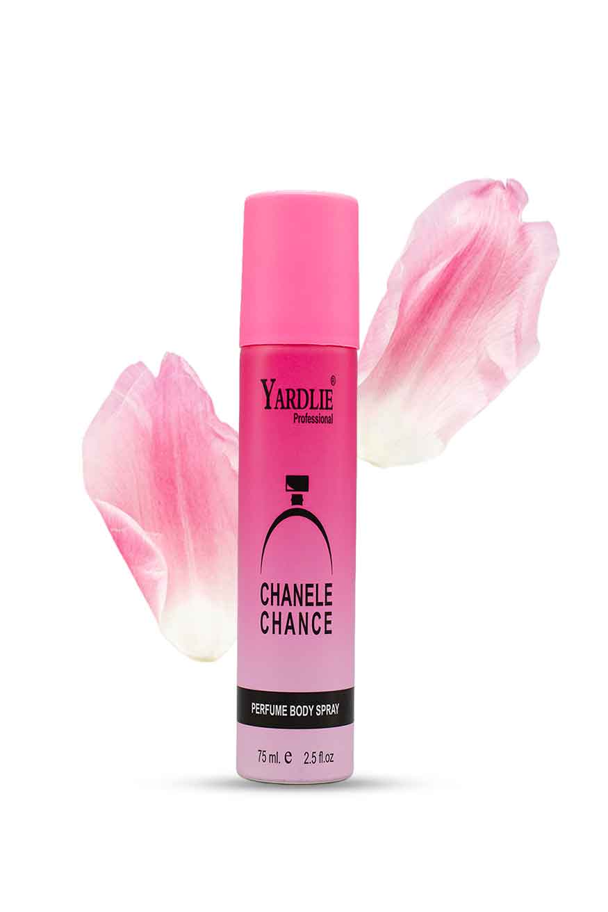 Yardlie Chanele Chance perfume body spray 75ml for women pink can, Pink perfume bottle with 'Yardley' branding on a white background
