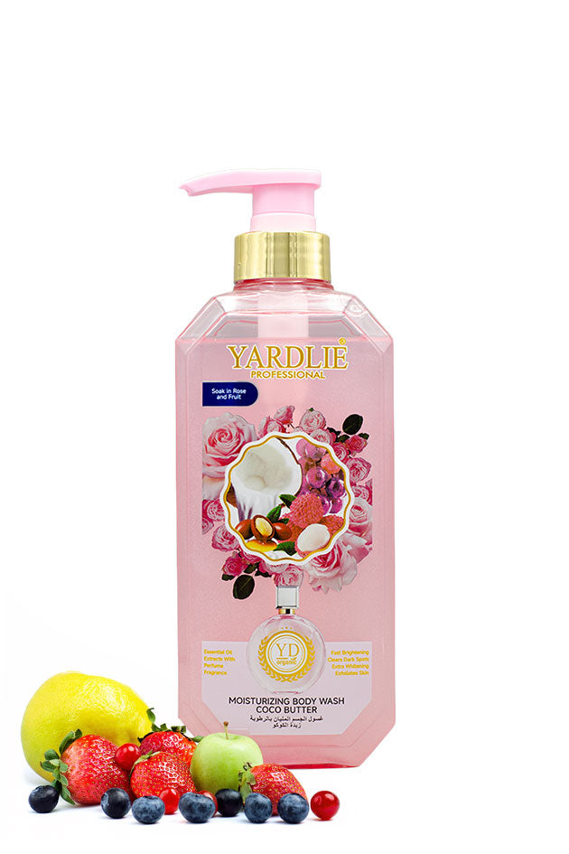 Yardlie Professional Rose and Fruit Moisturizing Body Wash 500ml pink pump bottle,
A bottle of Yardlie Professional Cooling Butter Moisturizing Body Wash with a pink pump and gold collar, shown on a white background with fresh fruit illustrations (lemon, strawberries, blueberries, green apple) at the base.