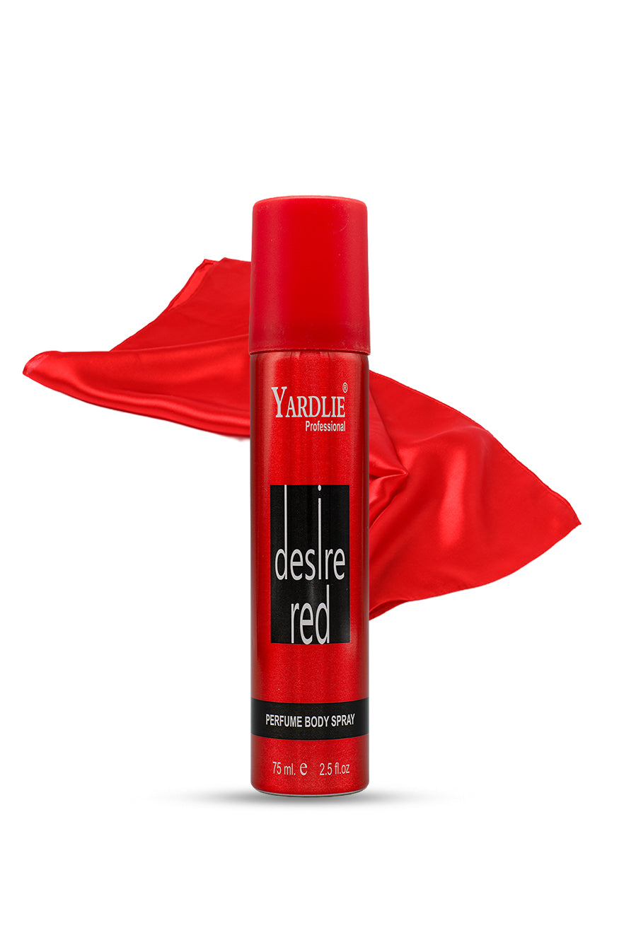 Yardlie Desire Red perfume body spray 75ml red can for daily freshness in Pakistan, Red body spray bottle with red fabric on a white background