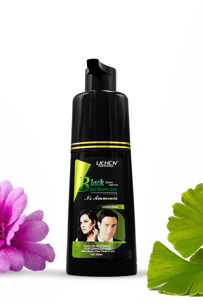 Lichen Professional Black Hair Color Shampoo Noni 200ml for men and womenShampoo bottle with a green label featuring a man and woman's face, surrounded by a purple flower and green leaf on a white background. 