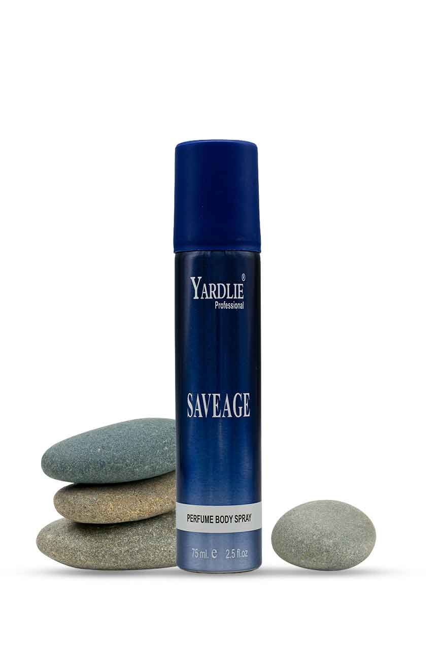 Yardlie Saveage perfume body spray 75ml for men blue can Pakistan, Yardley Savage perfume body spray with stones on a white background