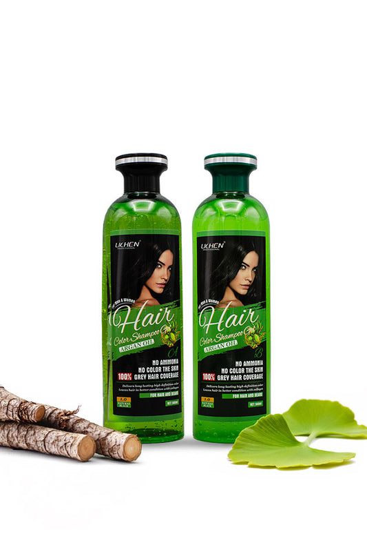 Lichen Professional Hair Color Shampoo Gel Natural Black 1.0 Argan Oil 500ml pack for hair and beard
Two green bottles of hair care product with a woman's face on the label, surrounded by natural elements like branches and leaves on a white background.