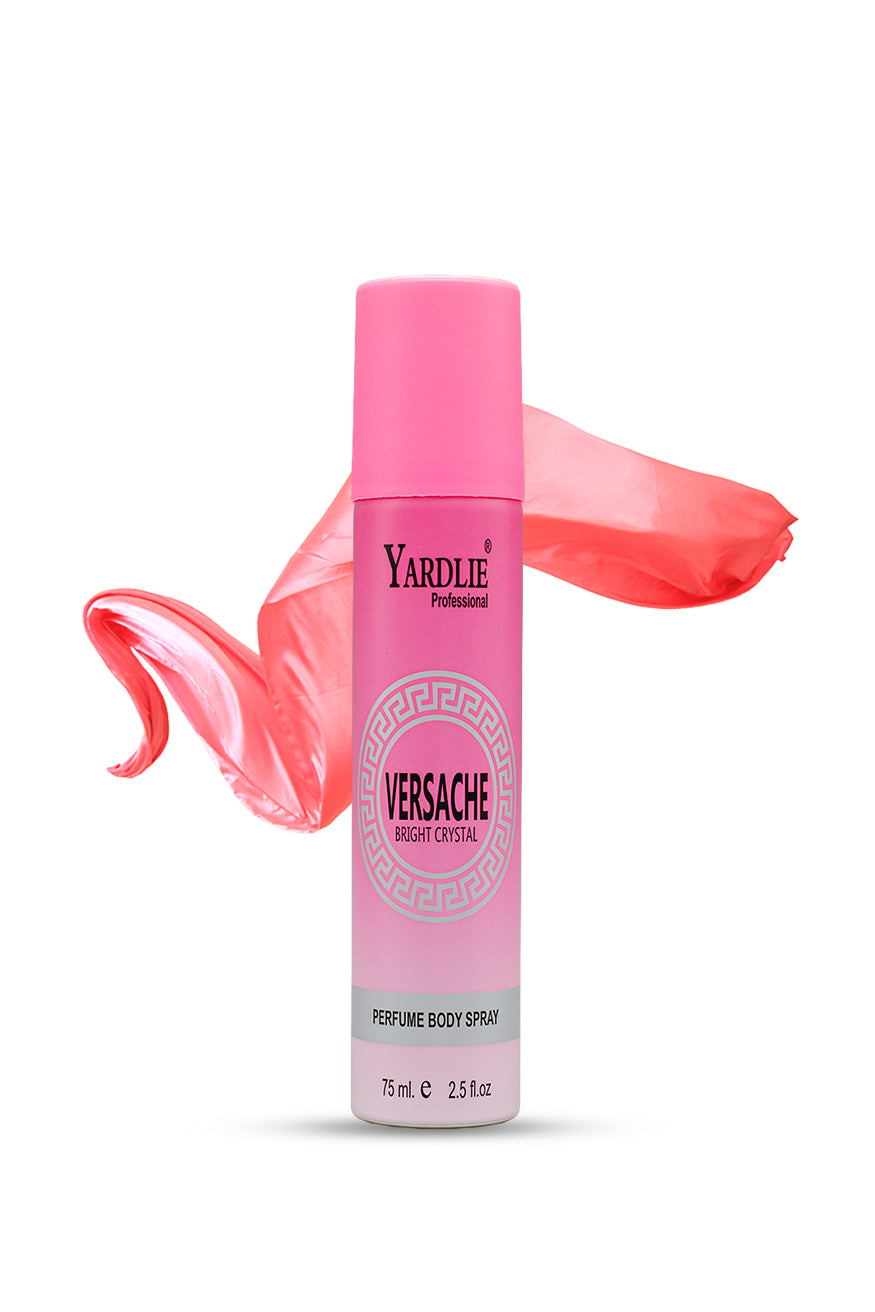 Yardlie Versache Bright Crystal perfume body spray 75ml for women pink can, Pink perfume bottle with 'Versache' branding on a white background