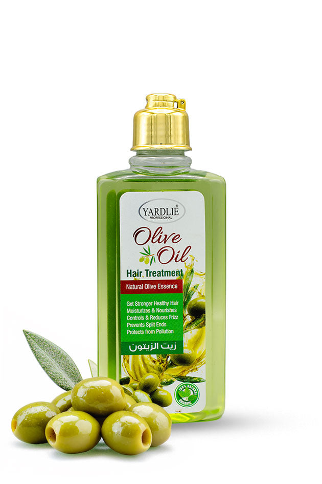 Yardlie Professional Olive Oil Hair Treatment bottle for dry and frizzy hairA bottle of Yardlie Olive Oil Hair Treatment with a gold cap, shown next to fresh green olives and a leaf on a clean white background.
