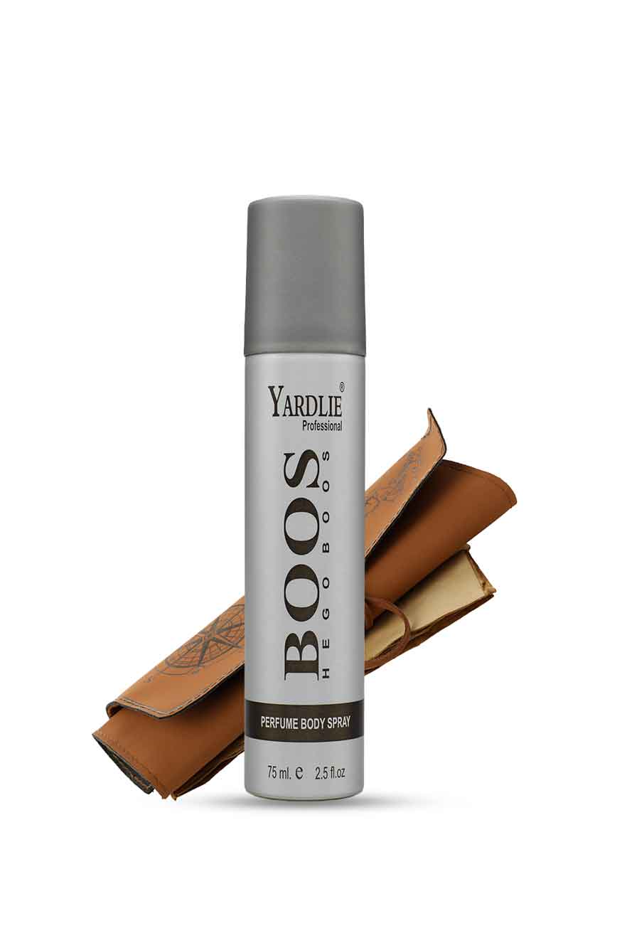 Yardlie Boos The Goboos perfume body spray 75ml for men silver can, Yardley Boos perfume bottle with a brown leather bag on a white background