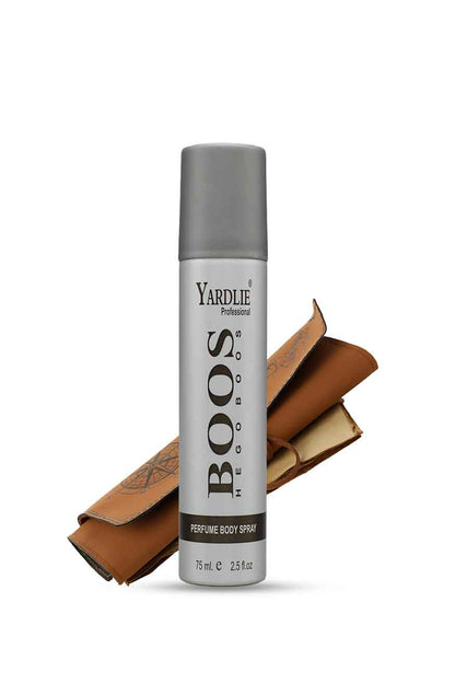 Yardlie Boos The Goboos perfume body spray 75ml for men silver can, Yardley Boos perfume bottle with a brown leather bag on a white background