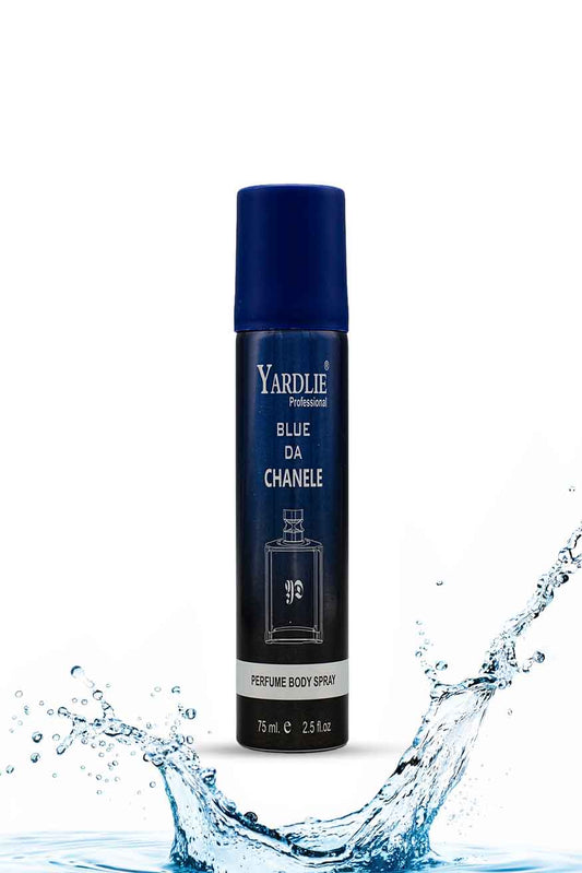 Yardlie Blue Da Chanele perfume body spray 75ml for men blue canl, Yardlie Blue Da Chanele perfume body spray bottle with water splash on a white background