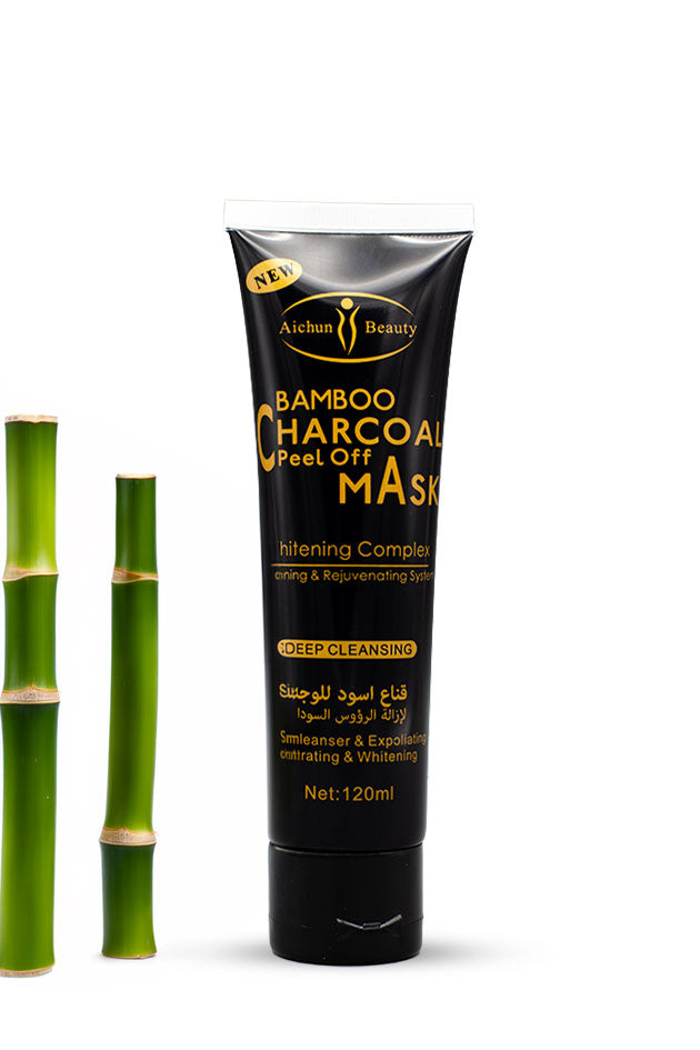 Buy Aichun Beauty Bamboo Charcoal Peel Off Mask 120ml online in Pakistan. Deep cleansing black mask for clearer looking pores. Cash on delivery available.,
A 120ml squeeze tube of Aishan Beauty Bamboo Charcoal Peel Off Mask, featuring a black body with gold lettering, shown next to two green bamboo stalks on a white background.