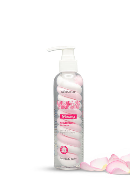 Kormesic Underarm and Body Smoothing Lotion 200ml pink pump bottle with niacinamide,
A clear pump bottle of Körmesic Intensive Body Whitening Moisturizing Mucin Serum with pink and white illustrated swirls on the label, shown on a white background with pink rose petals at the bottom right.