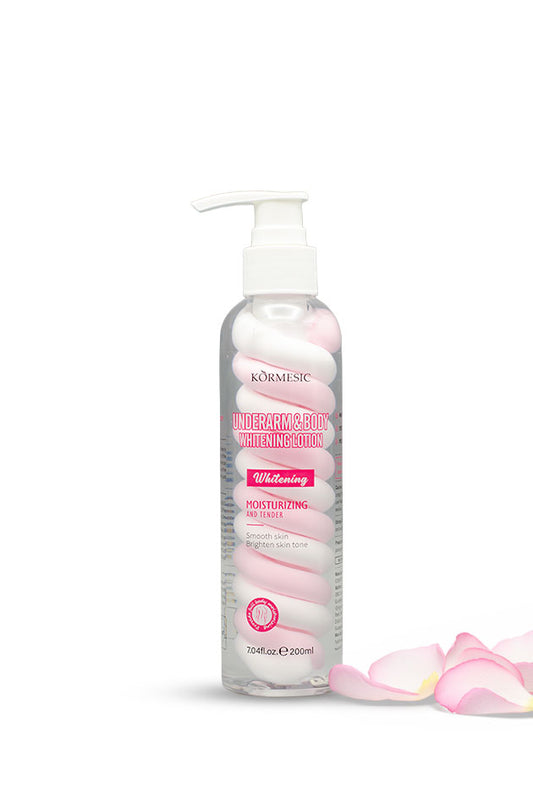Kormesic Underarm and Body Smoothing Lotion 200ml pink pump bottle with niacinamide,
A clear pump bottle of Körmesic Intensive Body Whitening Moisturizing Mucin Serum with pink and white illustrated swirls on the label, shown on a white background with pink rose petals at the bottom right.