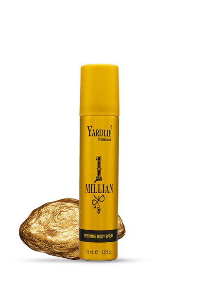 Yardlie 1 Millian perfume body spray 75ml for men gold can Pakistan, Yellow Yardley London perfume bottle with a gold rock on a white background