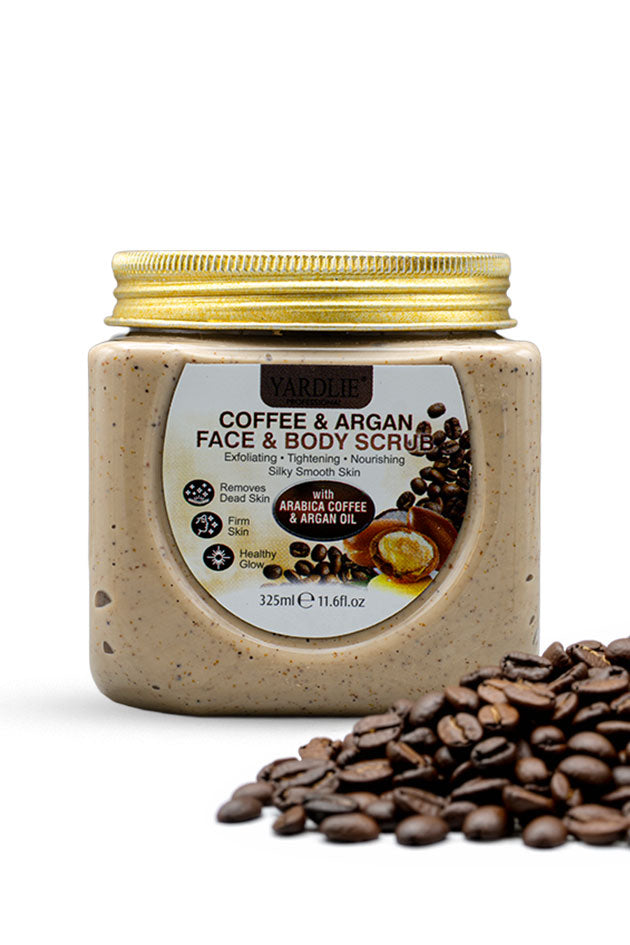 Yardlie Professional Coffee and Argan Face and Body Scrub 325ml jar with Arabica coffee and argan oil