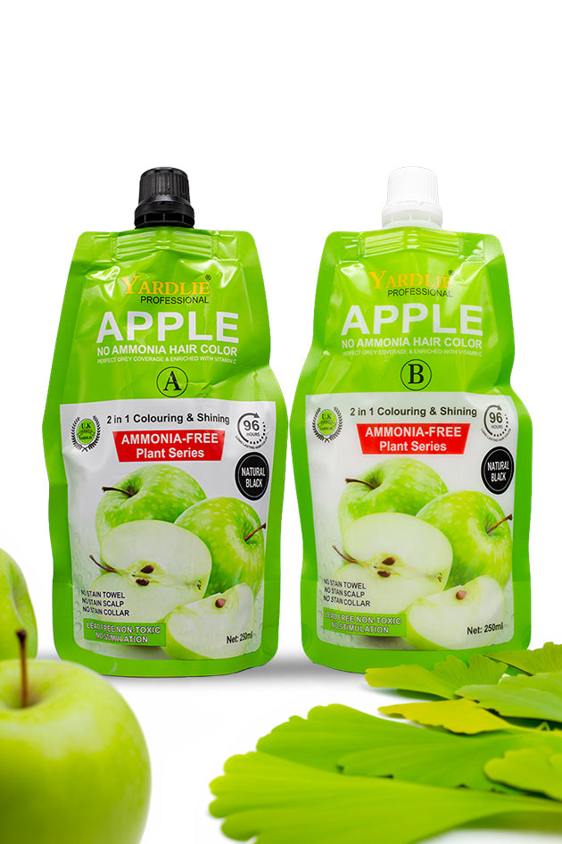 Yardlie Professional Apple Natural Black No Ammonia Hair Color Cream 250ml x 2 pack for grey coverage and shiny black hair.