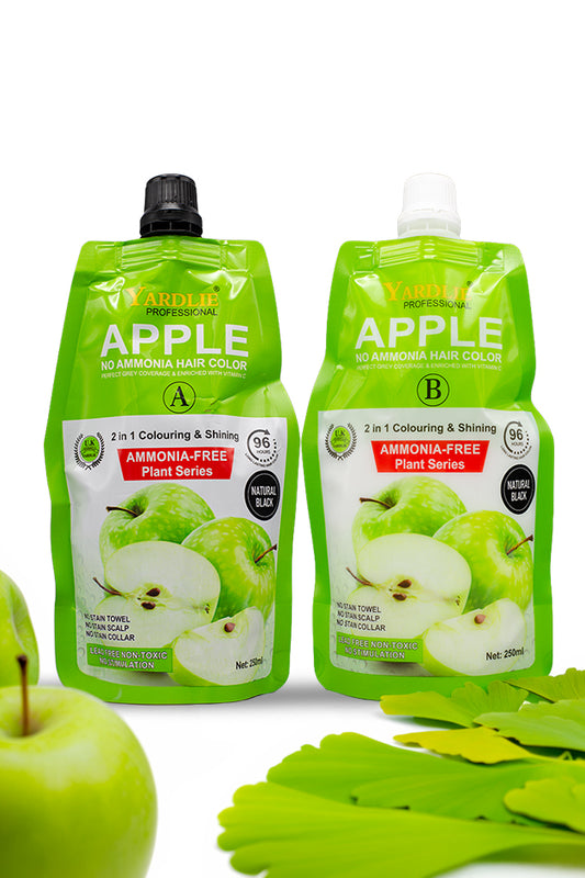 Yardlie Professional Apple Natural Black No Ammonia Hair Color Cream 250ml x 2 pack for grey coverage and shiny black hair.