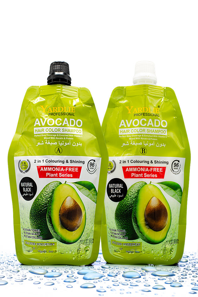 Yardlie Professional Avocado Hair Color Shampoo Natural Black 250ml x 2 ammonia free hair colour kit,
Two green Avocado Hair Color Shampoo squeeze pouches labeled A and B, shown side by side on a white background with water droplets at the bottom.
