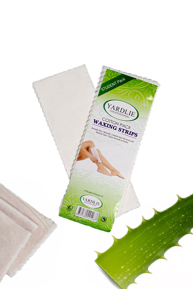 Yardlie Cotton Pack Waxing Strips student pack for gentle hair removal at home in Pakistan
, YardLie cotton pad waxing strips student pack packaging shown with several white reusable cotton pads and a green aloe vera slice on a white background.
