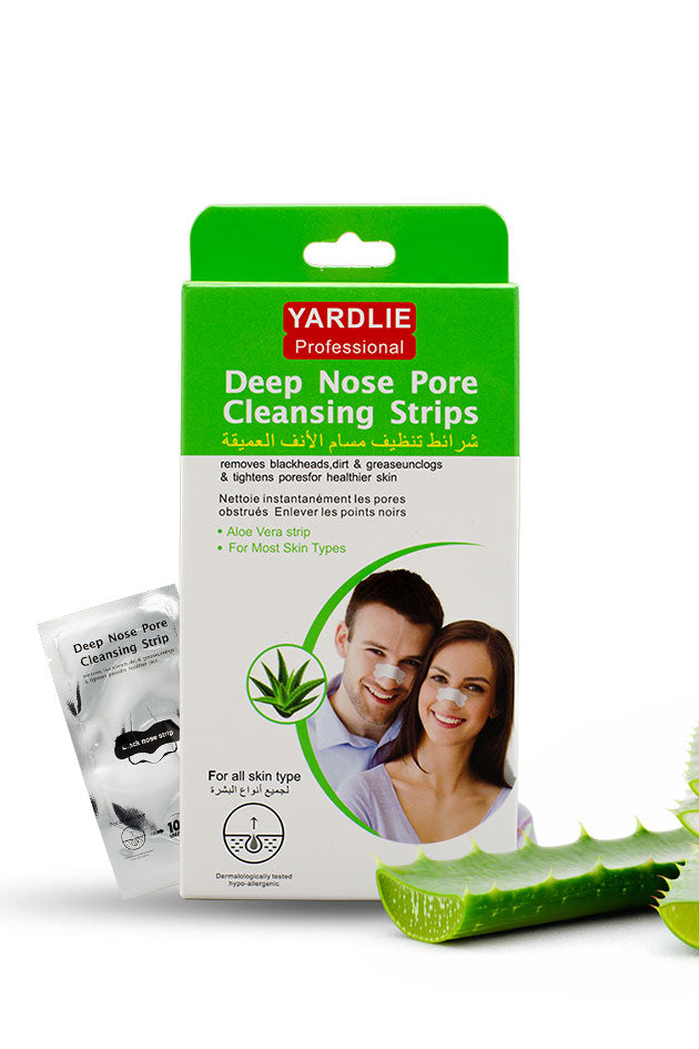 Yardlie Deep Nose Pore Cleansing Strips aloe vera blackhead remover 10 strips,
Yardlie Deep Nose Pore Cleansing Strips packaging with a man and woman on the label.