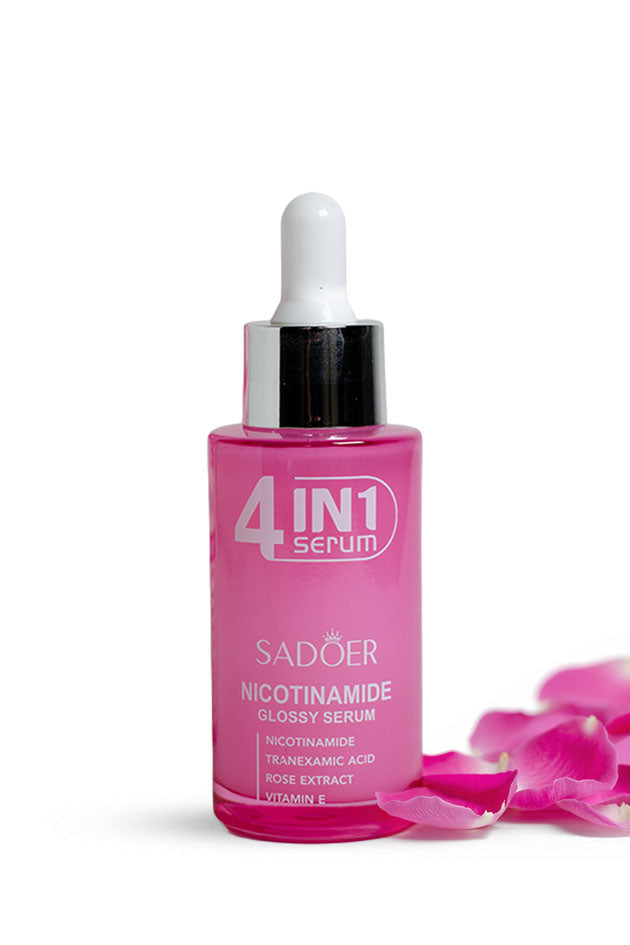 SADOER Nicotinamide Glossy Serum 4 in 1 40ml face serum box with tranexamic acid and vitamin E,
A pink glass dropper bottle of Sadoer 4in1 Nicotinamide Glossy Serum with a white dropper cap and silver collar, set against a white background with pink rose petals scattered at its base.