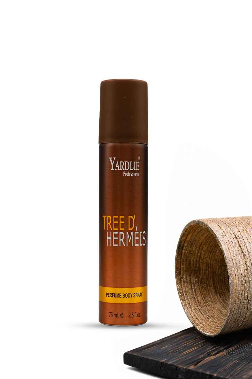 Yardlie Tree D' Hermets perfume body spray 75ml for men brown can, Brown perfume bottle labeled 'Tree D. Hermes' by Yardley on a white background