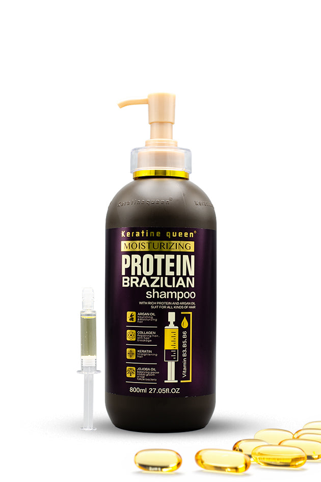 Keratine Queen Brazilian Protein Shampoo with argan oil 800ml bottle for smooth soft hair.
A bottle of Keratine Queen Protein Brazilian Shampoo with a pump dispenser, shown alongside a small applicator syringe and several gold-colored hair capsules on a white background.