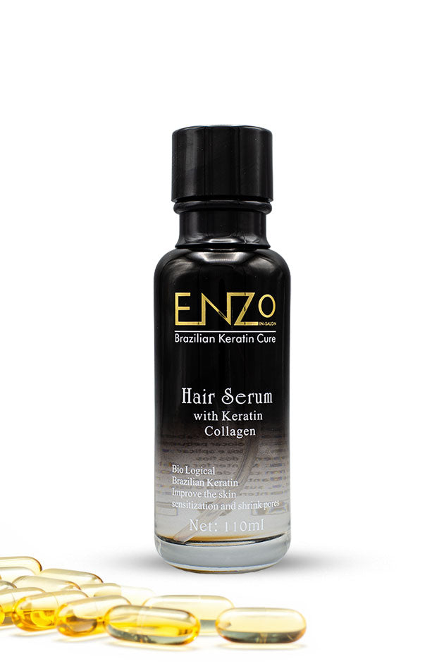 ENZO Brazilian Keratin Cure Hair Serum with keratin and collagen 110ml bottle, smoothing frizz control hair serum in Pakistan.
A bottle of ENZO Hair Scrum with Keratin Collagen, shown on a white background with several golden hair capsules in the foreground.