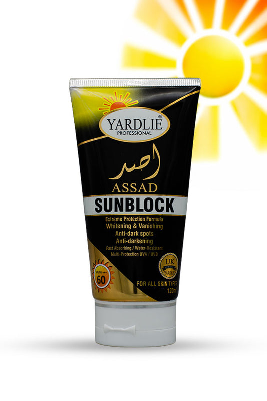 Yardlie Professional Assad Sunblock SPF 60 PA+++ 120ml black gold tube with UVA UVB protection and water resistant formula in Pakistan