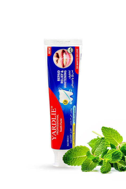 Yardlie Professional 3D White Deluxe whitening toothpaste 100ml double mint tube pack,
A tube of Yardlie Rapid White Whitening toothpaste displayed on a clean white background, accompanied by fresh green mint leaves at the bottom right.