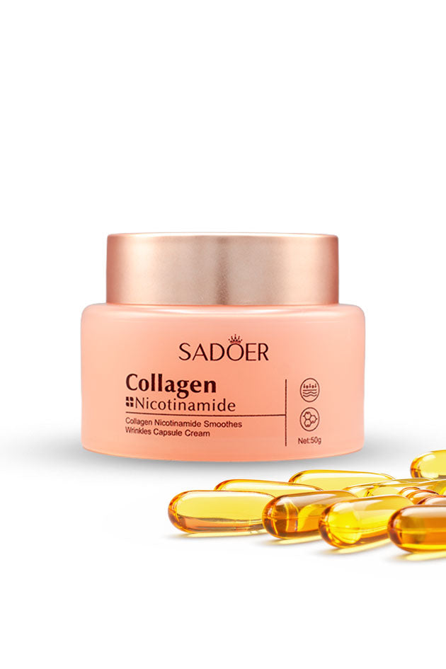 Sadoer Collagen Nicotinamide Capsule Cream 50g jar available in Pakistan at Yardlie.
SADOER Collagen Nicotinamide Wrinkles Capsule Cream in a peach-colored jar with a metallic rose gold lid, shown with several golden-yellow softgel capsules in the foreground on a white background.