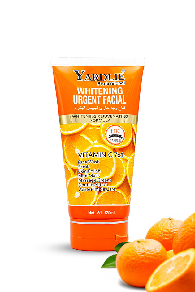 Yardlie Whitening Urgent Facial Vitamin C 7x1 120ml tube available in Pakistan at Yardlie.
A tube of Yardlie Professional Whitening Urgent Facial Vitamin C 7x1 face wash, styled with fresh orange slices and whole oranges on a clean white background.