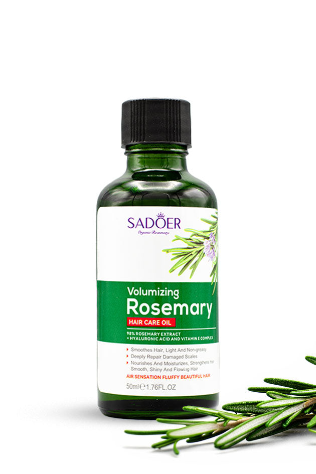 Sadoer Volumizing Rosemary Hair Care Oil 50ml bottle available in Pakistan at Yardlie.
A 50ml bottle of Sadoer Volumizing Rosemary Hair Care Oil, shown on a white background with fresh rosemary sprigs at the base.