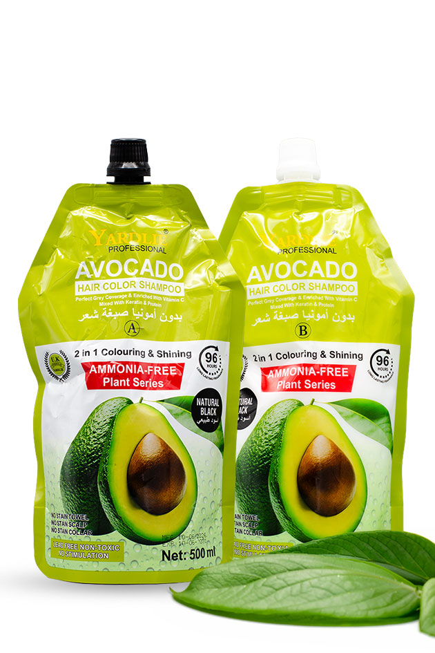 Yardlie Professional Avocado Hair Color Shampoo Natural Black 500ml x 2 ammonia free hair colour kit, Two 500 ml pouches of Avocado Hair Color Shampoo from the Ammonia-Free Plant Series, displayed on a white background with green leaves in the foreground.
