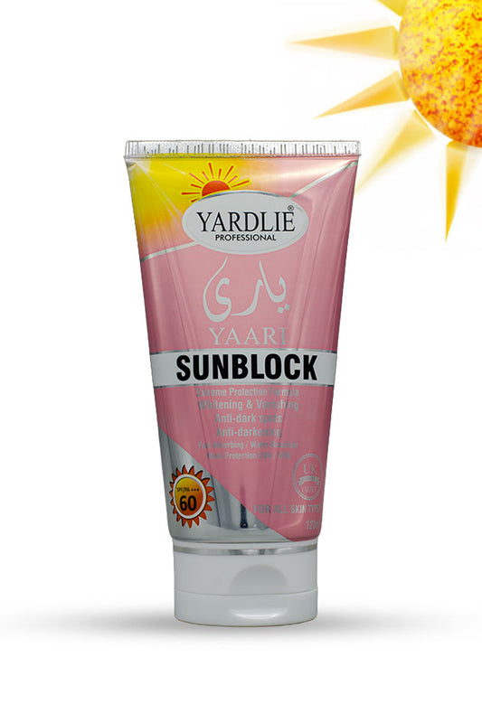 Yardlie Professional Yaari Sunblock SPF 60 PA+++ 120ml pink gold tube with UVA UVB protection and water resistant formula in Pakistan
