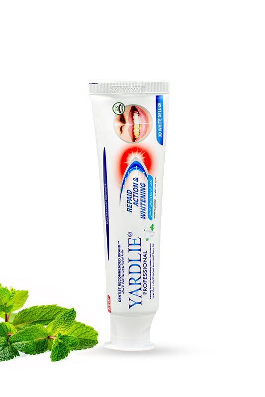 Yardlie Professional Rapid Action and Whitening toothpaste 3D White Deluxe 100ml double mint pack,
A tube of Yardlie toothpaste with a white cap, featuring blue and red graphics, shown next to green mint leaves on a white background.